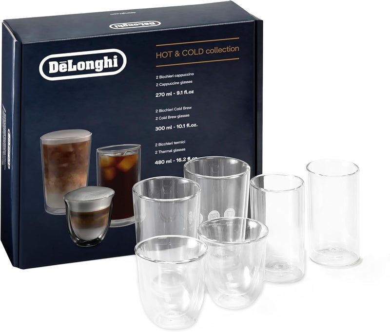 De'Longhi طقم زجاجات ديلونجي الساخنة والباردة، 6 قطع - 2 كابتشينو، 2 قهوة باردة، 2 زجاجات بوروسيليكات مزدوجة الجدار، مصنوعة يدويًا، آمنة في غسالة الصحون، علبة هدايا، ضمان لمدة سنة - شفاف DLSC326 - Image 1